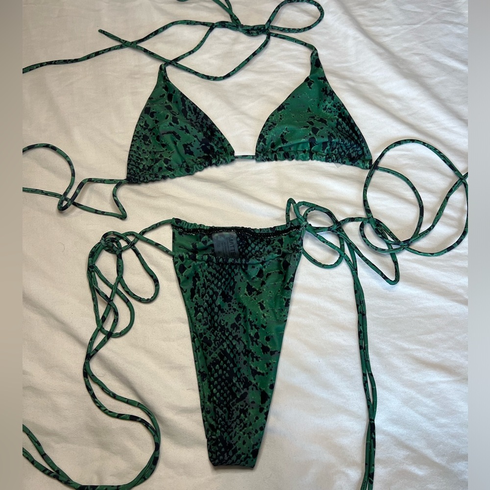 Matte Collection green black snake print triangle string bikini set